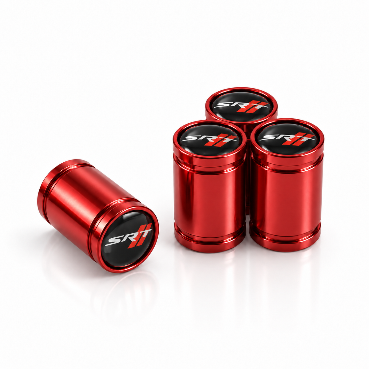 SRT premium valve caps in red with black SRT badges, set of 4