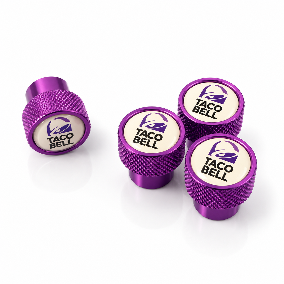 Set of four purple Taco Bell oversized valve caps