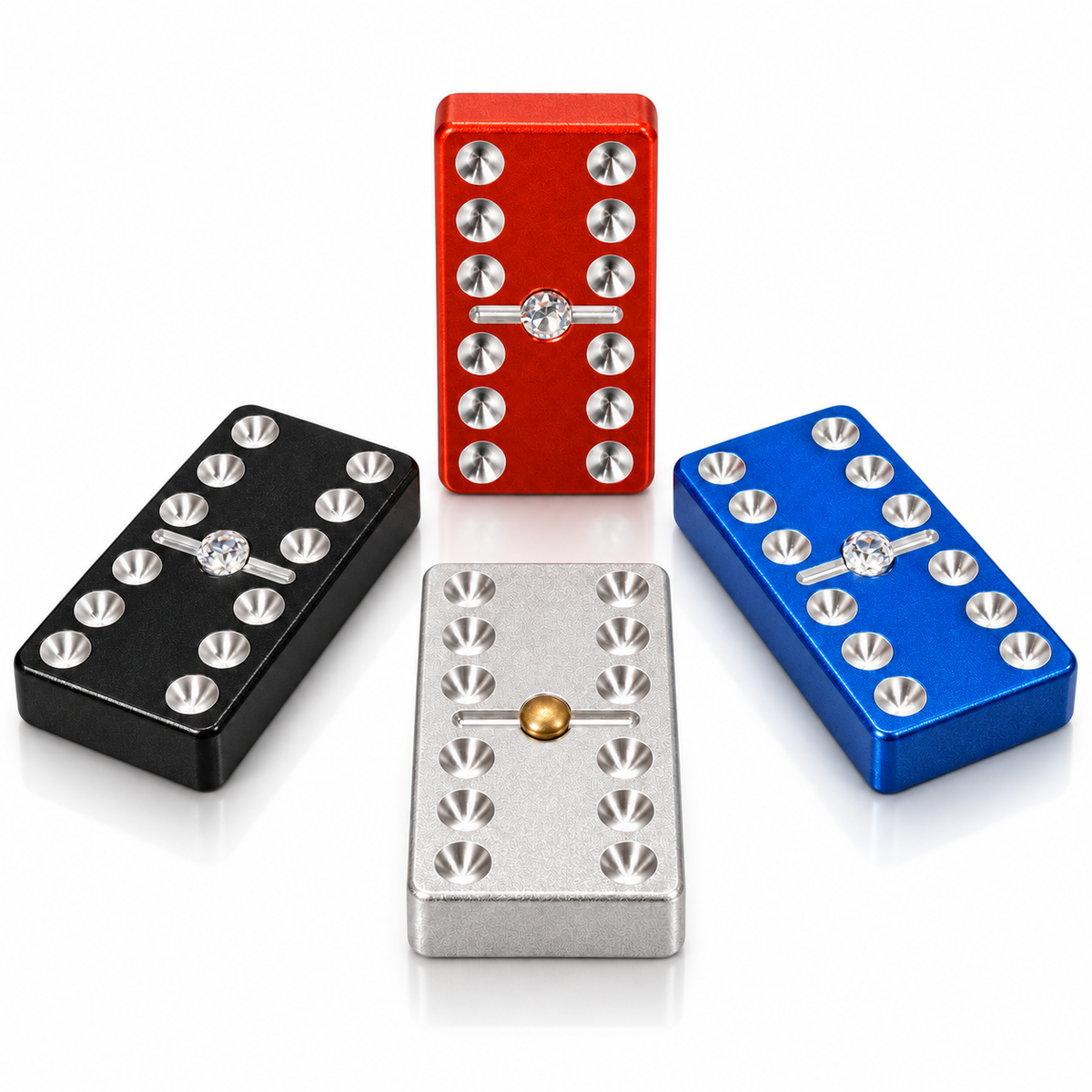 Red, Black and Blue rhinestone dominoes with a Silver brass-pin domino. Colour examples; each box contains one selected colour.