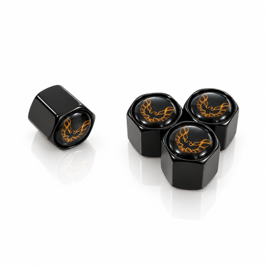Set of four black hexagonal Pontiac Firebird valve caps with gold bird emblems