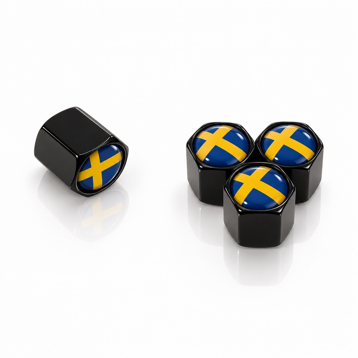 Set of four black hexagonal Swedish flag valve caps with blue and yellow domed badges