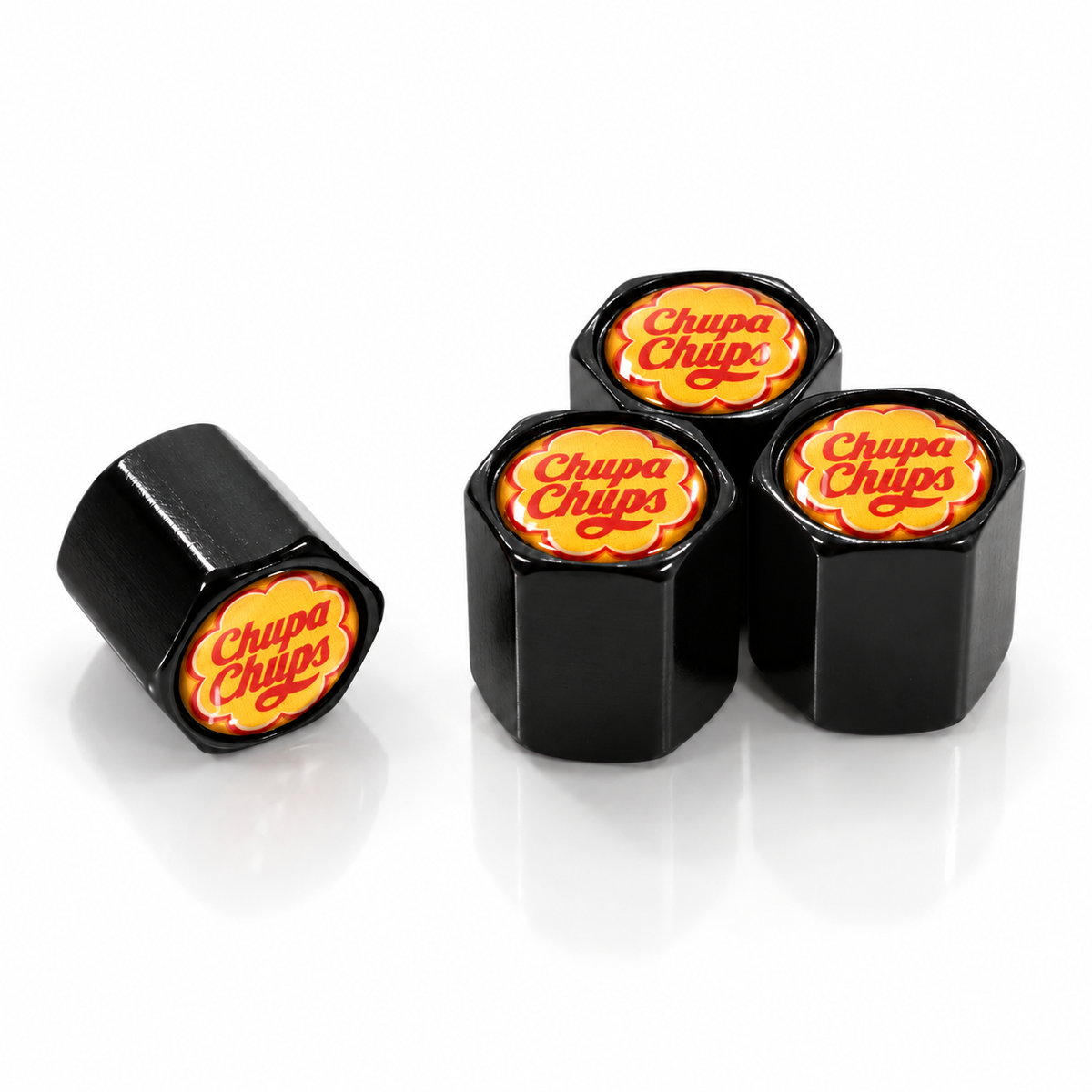 Set of four black Chupa Chups valve caps with yellow and red epoxy logos