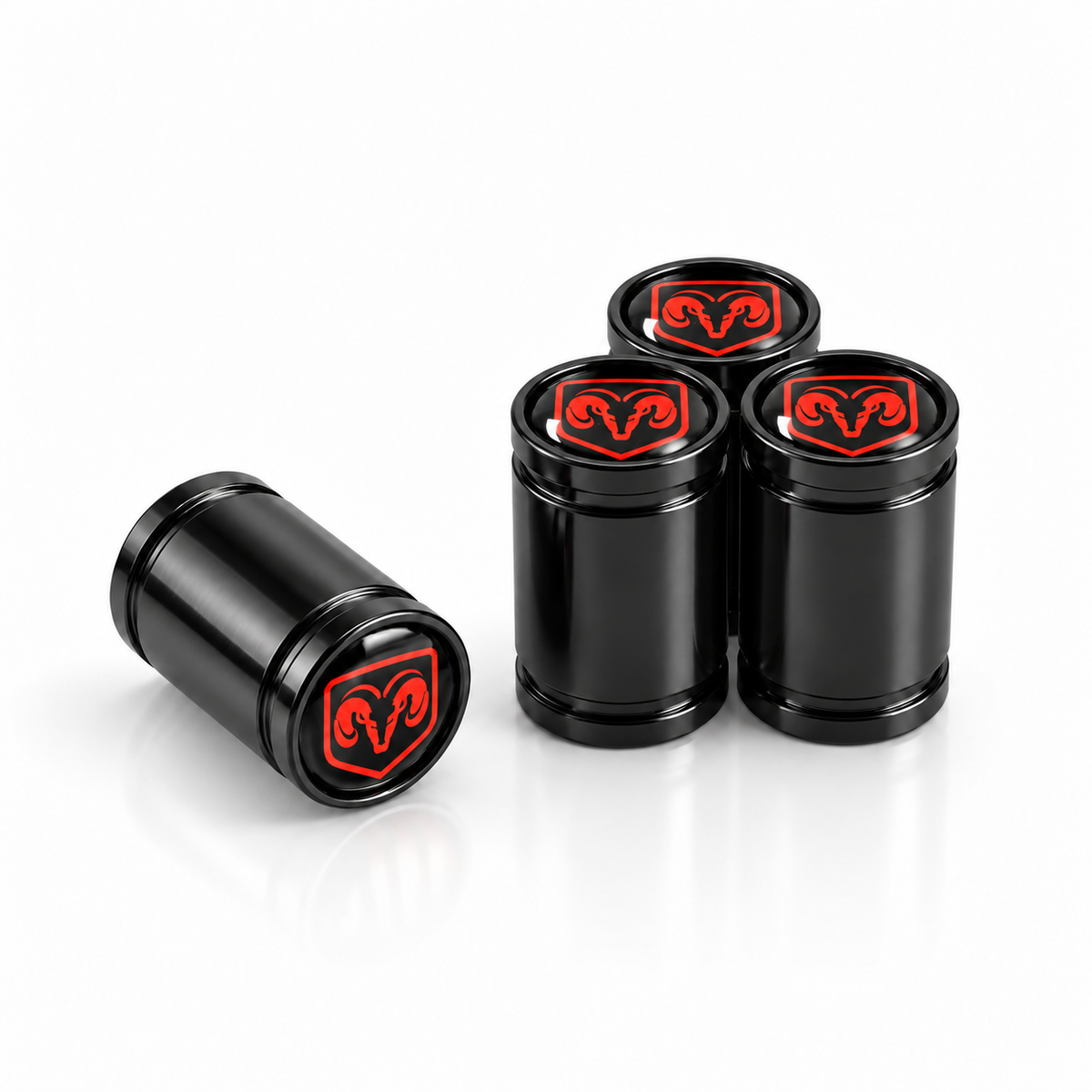 Dodge premium valve caps in black with red ram-head logos, set of 4