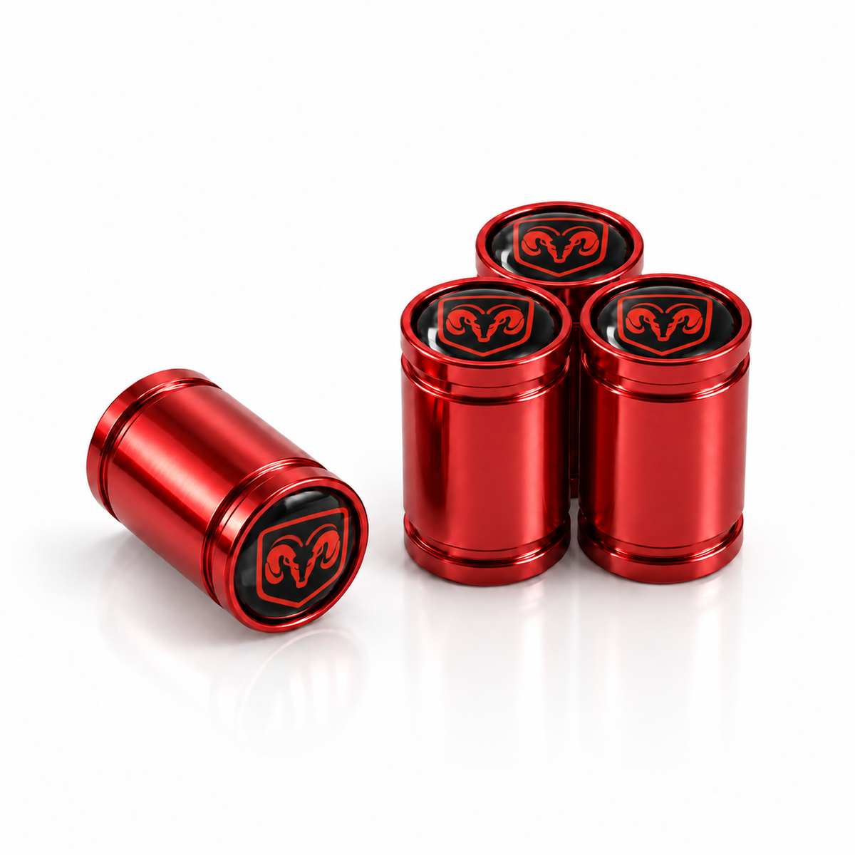 Dodge premium valve caps in red with red ram-head logos, set of 4