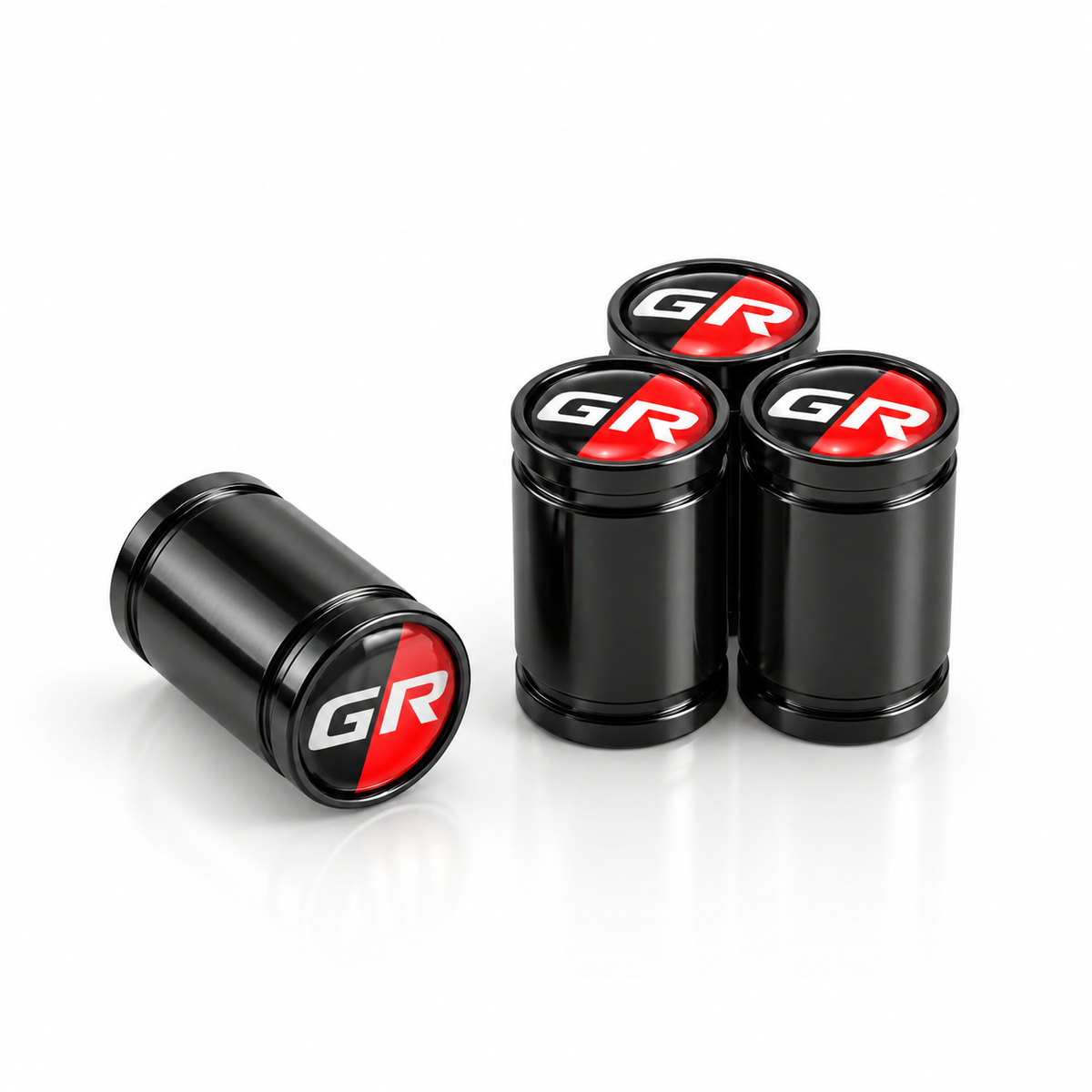 GR Racing premium valve caps in black with red and white GR logos, set of 4