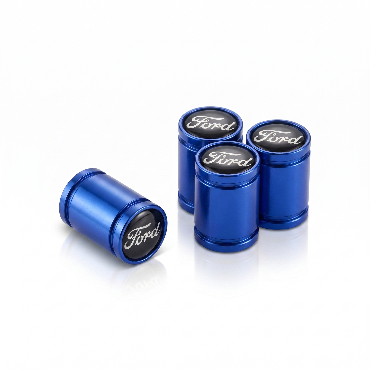Ford Premium billet valve caps in blue, set of 4