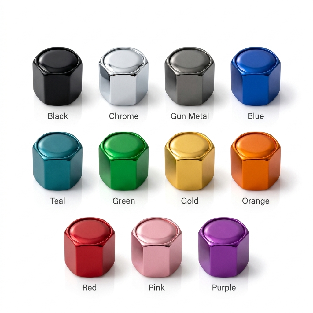 Billet Labz Colour Lab - custom hex head valve caps in 11 anodised colours: Black, Chrome, Gun Metal, Blue, Teal, Green, Gold, Orange, Red, Pink, Purple