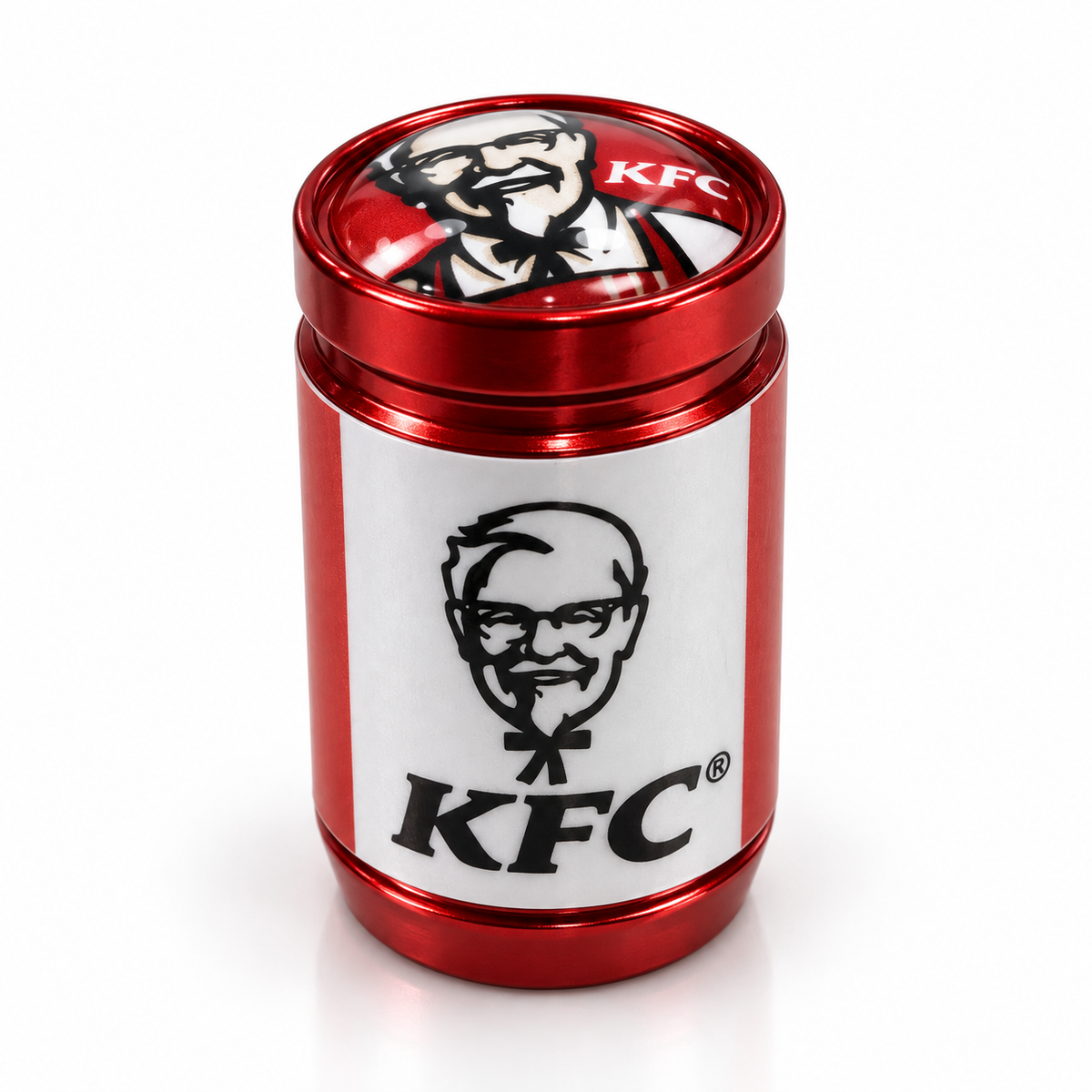 Close-up of red aluminium KFC wrapped valve cap