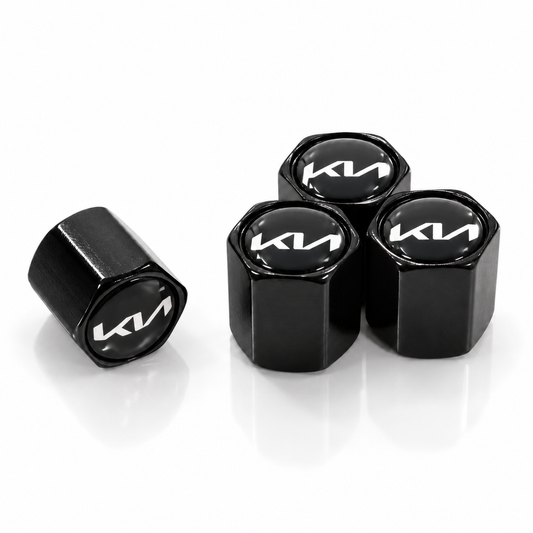 Set of four black Kia logo valve caps with epoxy dome tops