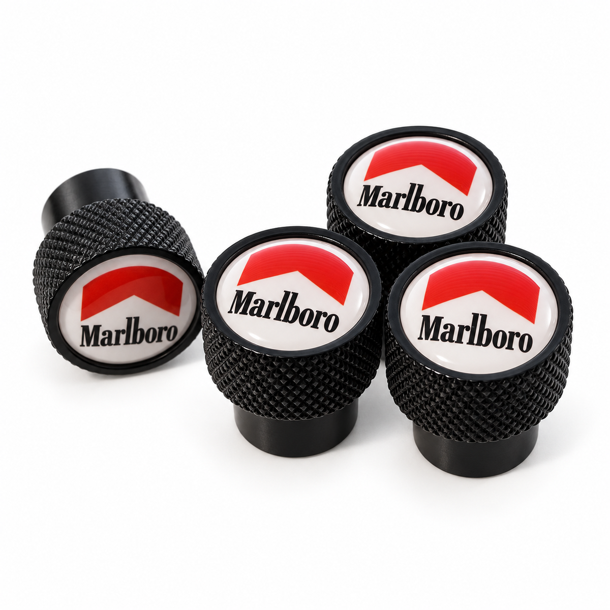 Set of four black Marlboro oversized knurled valve caps