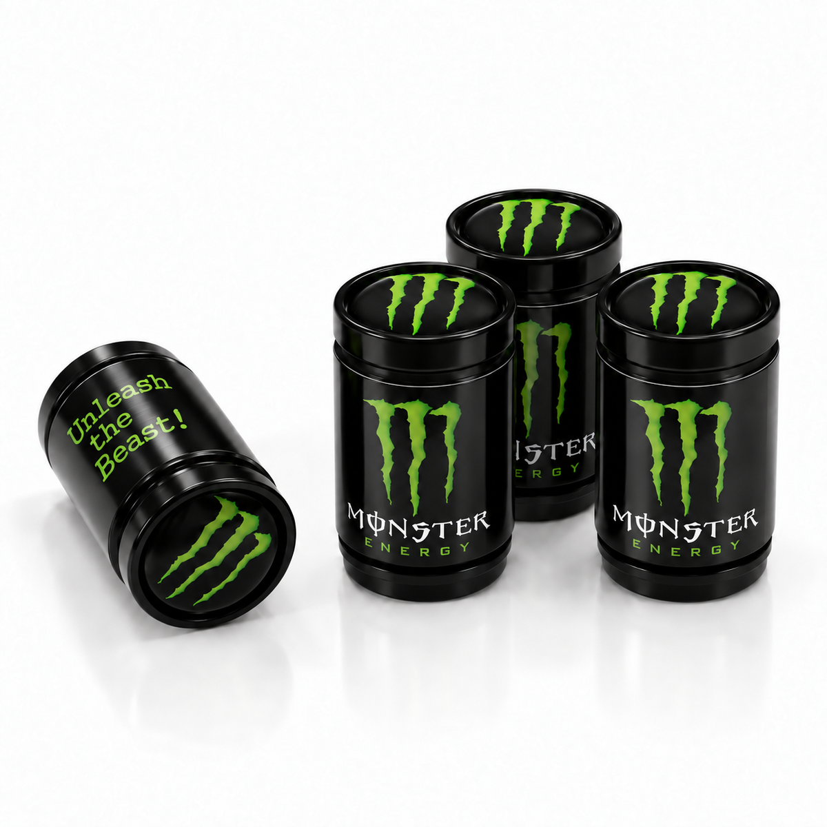 Four black Monster Beast Mode wrapped valve caps