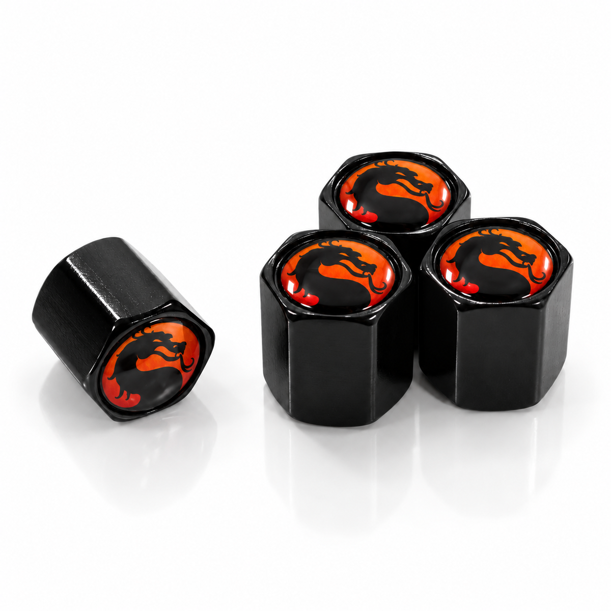 Set of four black Mortal Kombat valve caps with orange-red dragon logos