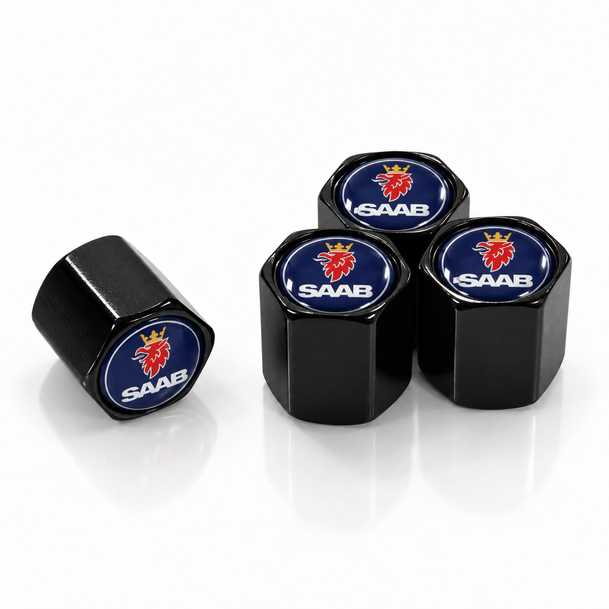 Set of four black hexagonal Saab valve caps with blue griffin badges