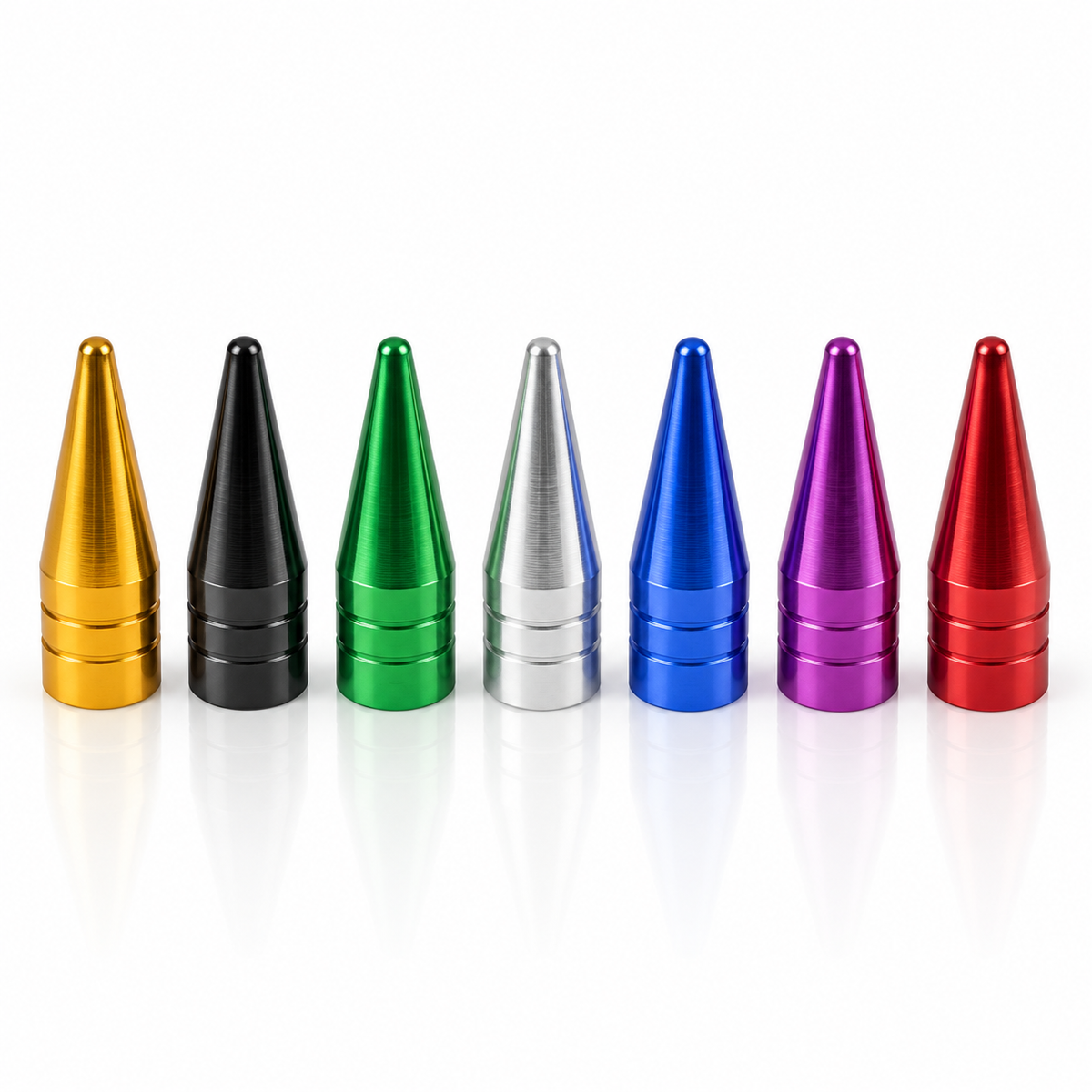 Short spike valve caps in gold, black, green, silver, blue, purple and red
